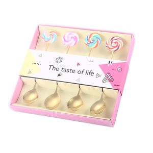 Lollipop Shape Lepel en Forks Derenwaren Sets 430 roestvrijstalen koffie Dessert Cake Tea Roer gouden lepels met geschenkdoos voor thuiskantoorfeestje