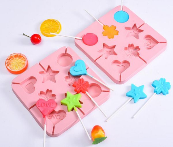 Lollipop Silicone Moule Plateau Avec 20pcs Bâtons Cuisine Ustensiles De Cuisson Chocolat Bonbons Durs Lollypop Fondant Moule Animal Fleur Rond Coeur Feuille Forme Mignonne Rose