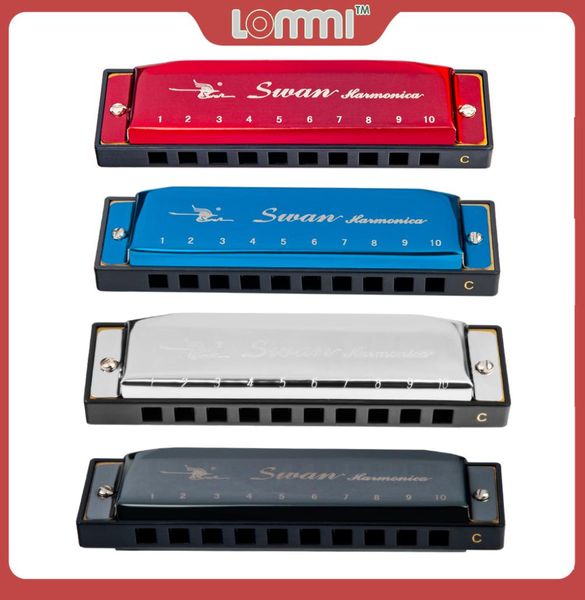 Lommi Swan Diatonic harmonica 10 trous blues harp bouche organe clé de g instrument de roseau wcase noir argent bleu rouge harmonica5690181