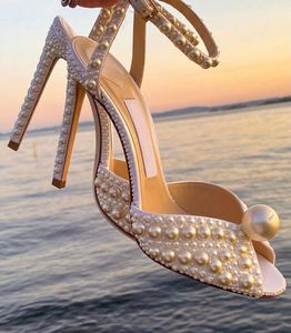 Londen merken Sacora Sandals schoenen voor Bidal Wedding Hoge Heels White Pearls Lederen enkelband Peep Toe Elegante Lady Pumps EU35-43 Box