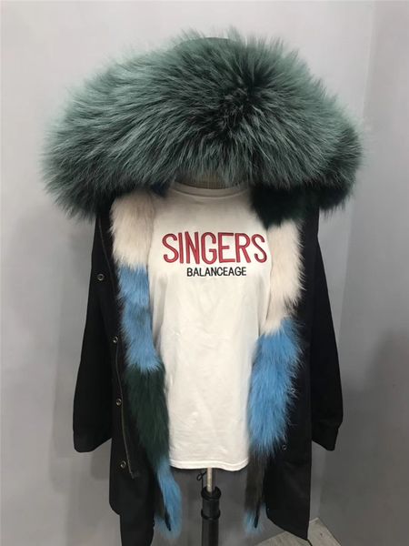 Crème Glacée Épissage Doublure En Fourrure De Renard Noir Toile Longues Parkas Vert Foncé Bleu Blanc Londres Vert Raton Laveur Garniture À Capuche Mukla Furs Marque Femmes Vestes