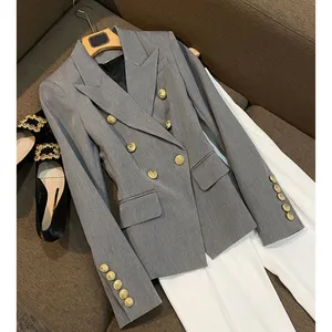 BL013 londres luxe femmes d'affaires haut profil costume haute qualité dames gris Blazer Double boutonnage boutons bureau veste femmes Blazer