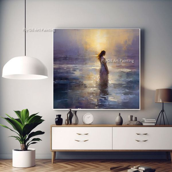 Mujer solitaria en el océano 100% hecha a mano Sunset Seascape Canvas Art Mujer con vestido blanco Pintura texturizada Pintura al óleo Arte moderno para decoración del hogar