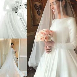 Vestidos de mangas de joyas simples de Long 2021 Necple Una línea de barrido de talla grande hecha a personalización Vestido de novia Satin Vestido de Novia