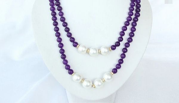 Long 40 8mm rond violet cristal 14mm blanc coquillage collier de perles 240315