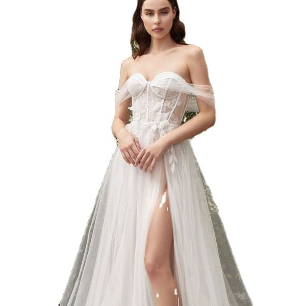 Robe de mariée longue en ligne pure sur l'épaule robe de mariée