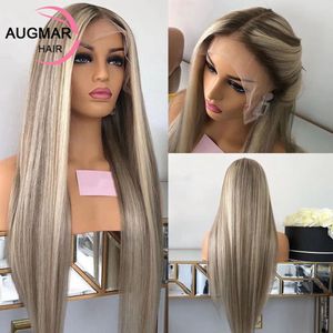 Lange asblond Hoogtepunten Lace Voorpruik Haren Haar Bruin Gemengde blonde rechte HD Transparante kant Frontale pruik voor vrouwen Synthetisch hittebestendig