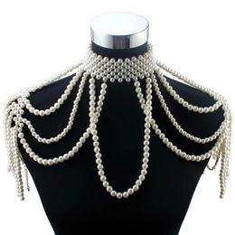Longue chaîne de perles, collier de perles simulées, bijoux de corps pour femmes, Costume ras du cou, pendentif épaule, collier de déclaration 240223
