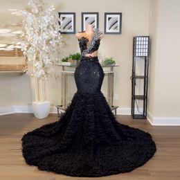 Long Black Mermaid Robes de bal de promo perles vols diamants illusion sexy forme formelle robe de soirée robes de remise des diplômes