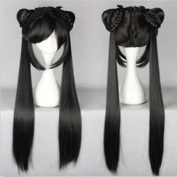 Peluca larga negra recta de Lady Girl Lolita con dos colas de caballo Peluca de diseño de cabello