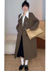 Chaqueta larga para mujer, chaqueta cortavientos larga coreana holgada con doble botonadura, traje negro de manga larga de alta calidad para primavera y otoño