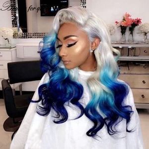 Long Brésilien Blonde Ombre Bleu Couleur Lace Front Perruque Cheveux Humains 13X4 Dentelle Frontale Vague de Corps Perruques Synthétiques pour Femmes Naturel Hairline