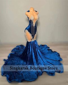 Long Blue Prom Dresses 2024 Veet Crystals Rhinestones Beads Evening Tassels Speciale feestjurk