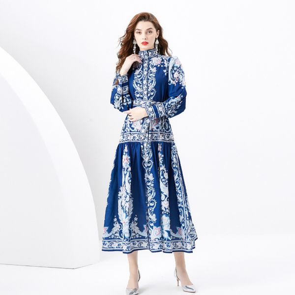 Robe longue bleue vintage à fleurs col montant pour femme boutons cardigan balançoire manches longues élégante imprimée vacances robes de soirée décontractées vêtements printemps et été