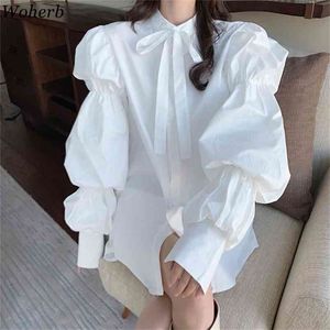 Long Blusas Femme Manches Bouffantes Noir Blanc Chemises Femmes Solide Chemise Robe Coréenne Chic Blouse Femme Tops D'été 210519