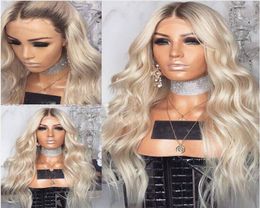 Lange lichaamsgolf warmtebestendige synthetische kanten voorpruiken met babyhaar 180 dichtheid platinum blonde pruik 24inch ombre pruiken voor BLAC2610076