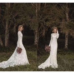 Lange Boheemse mouw kant elegante bruiloft 2020 pure nek volle achterkant lengte a-line country country bruidsjurken goedkope jurk
