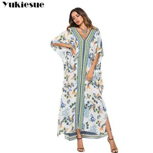 Lange boho jurk herfst rayon floral print es korte mouw sexy v-hals hippie bohemen vrouwen vestido 210608