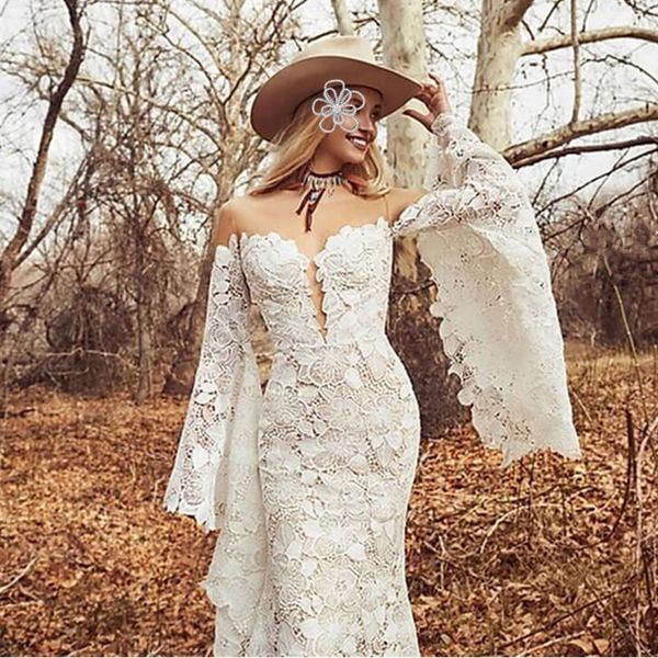 Robes de mariée à manches longues Boho, plus la taille des robes de mariée 2023 Sheer O-cou Vintage Crochet Bold coton dentelle bohème hippie pays robes de mariée