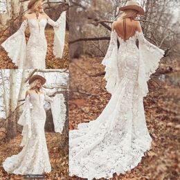 Lange boho mouwen trouwjurken 2022 pure o-neck vintage haakhaak gedurfd katoenen kanten bohemian hippie country bruid jurken