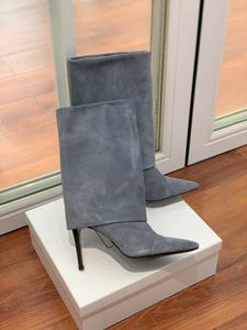 Bottes longues femmes à talons hauts minceur 2022 automne et hiver nouveau pantalon droit bottes tube plissé mais à hauteur du genou bout pointu stiletto