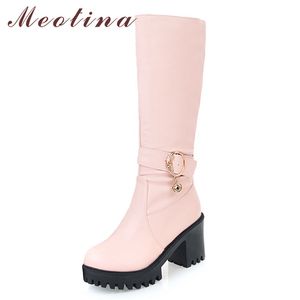 Botas largas Zapatos de mujer Plataforma Tacón alto Rodilla-Alto Metal Decoración Bloque Tacones Mujer Blanco Rosa Invierno 45 210517