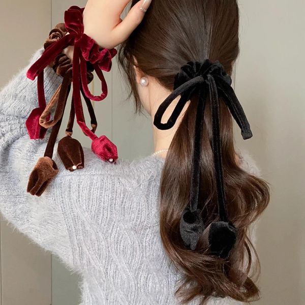 Chouchous pour cheveux en forme de tulipe, nœud Long, Simple, en velours, corde pour femmes et filles, porte-queue de cheval, couvre-chef à la mode, accessoires pour cheveux