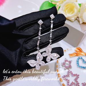 Lange Butterfly Lab Diamond Dangle Earring 100% echte Sterling Sier Wedding Drop Oorbellen voor vrouwen bruidsbelofte sieraden