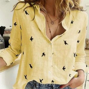 Manches longues décontracté oiseaux imprimé chemises amples femmes coton lin Blouses hauts Vintage Streetwear grande taille 5Xl