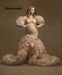 Lange champagne avondjurk 2021 Mermaid korte mouw ruches tule Afrikaanse zwangere vrouwen cape moederschap formele prom -jurken8077962