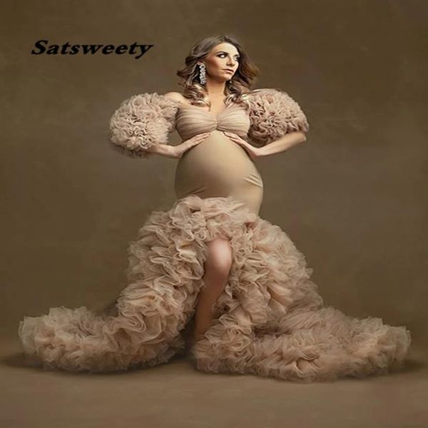 Robe de soirée longue Champagne 2021 sirène à manches courtes volants Tulle femmes enceintes africaines Cape maternité formelle robes de bal179y