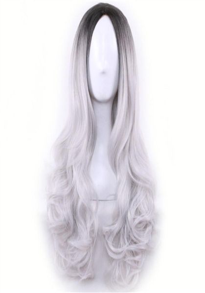 Perruque Cospaly longue pas cher Harajuku Lolita perruque noir ombré gris vague de corps cheveux synthétiques mélange de couleurs perruques pour femmes perruque synthétique 4501614