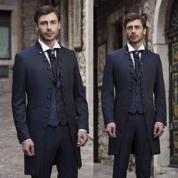 Tuxedos de marié à manteau Long, bleu marine, Tuxedos de mariage pour hommes, vêtements de dîner de bal à la mode, costumes 3 pièces, veste pant2383