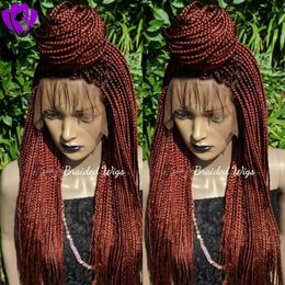 Long cuivre rouge Cornrow tresses Crochet perruque micro tresses pleine dentelle avant perruques synthétiques pour les femmes noires boîte afro-américaine perruques tressées