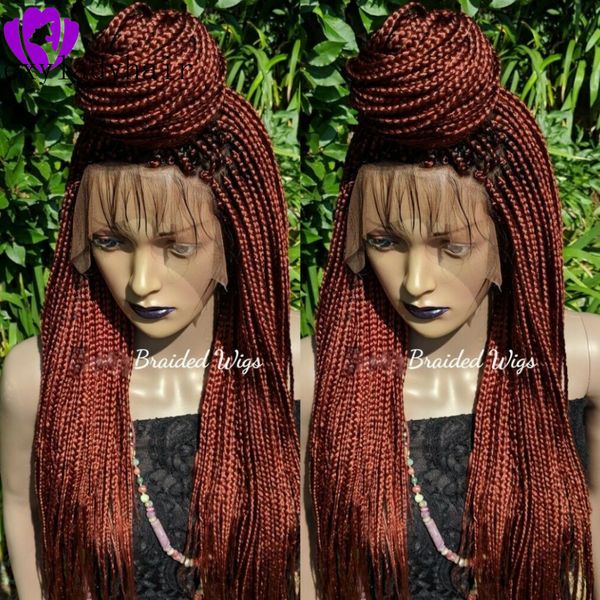 Long cuivre rouge Cornrow tresses Crochet perruque micro tresses pleine dentelle avant perruques synthétiques pour les femmes noires boîte afro-américaine perruques tressées