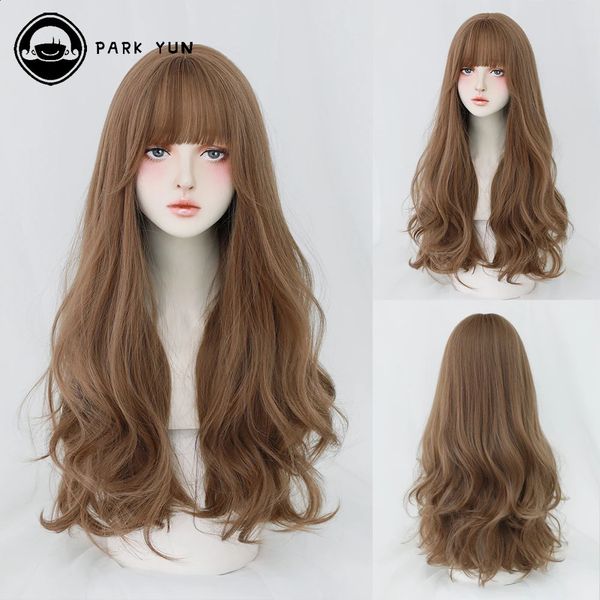 Perruque femme cheveux longs bouclés avec frange quotidien marron noir rose Lolita Cosplay perruques tressées fibre résistante à la chaleur fête faux cheveux 240305