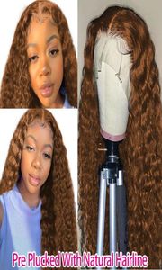 Lange krullende pruiken voor zwarte vrouwen Braziliaans menselijk haarbruine kleur Deep Wave frontale 13x4 synthetische kant front WIG2766074