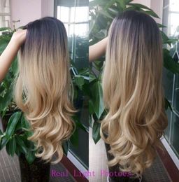 Largas raíces oscuras Rubio completo Ombre Body Wave Pelucas Cabello Sin cola Peluca delantera de encaje sintético para mujeres Fibra resistente al calor FZP145