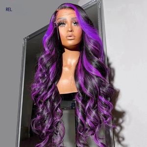 Lang Braziliaans Haar Body Wave Paars Pruik Transparante Kanten Voorpruik Groen/Grijs/Roze Highlight Pruiken voor Vrouwen Synthetisch Hittebestendig