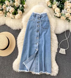 Lange denim rok voor vrouwen Koreaanse mode vintage kwastjes hoge taille single breasted aline jeans rok met zakken 20221817469