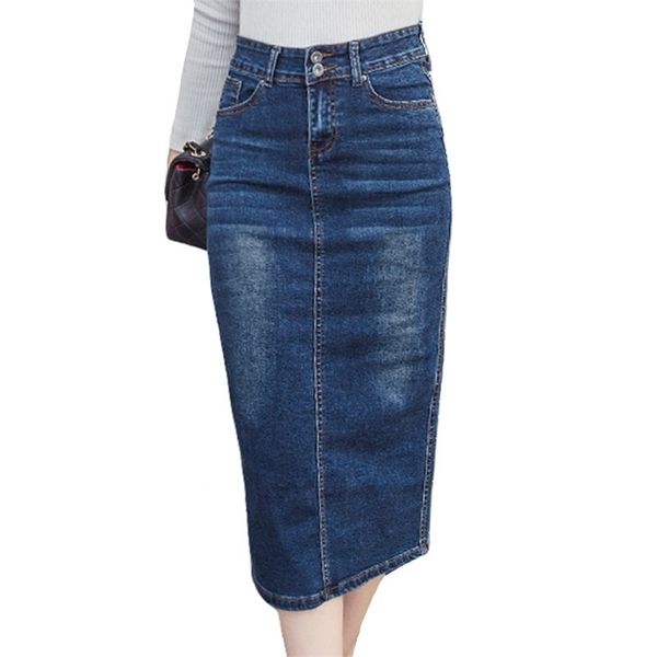 Jupe longue en jean bouton vintage taille haute crayon noir bleu slim femmes jupes plus la taille dames bureau sexy jeans Faldas T200712