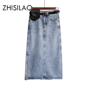 Lange denim rok vrouwen vintage hoge was jeans rok met riem plus size rechte a-lijn potlood rok elegante zomer chic 210730