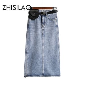 Lange denim rok dames vintage hoge wasit jeans met riem plus size rechte a-lijn potlood elegante zomer chic 210721