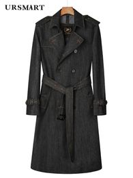 Coupe-vent en denim long pour hommes sur le genou à double boutonnage British Jean trench-coat Automne et hiver manteau veste chaude épaissie 240117