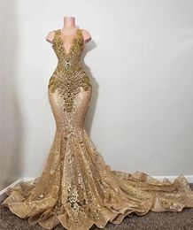 Lange diamanten gouden avondjurken 2024 Sparkly kralen Rhinestone Crystal Pailletten Verjaardagsfeestje Prom jurk receptie gewaad 0303