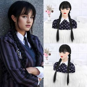 Long Double Braid Black Mercredi Addams Cosplay Wig avec une frange de la famille Addams pour les femmes