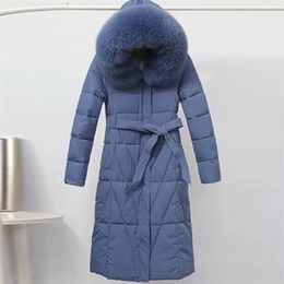 Veste longue en coton épaissir hiver femme manteau plus taille lâche chaud vêtements d'extérieur grand col de fourrure à capuche femmes Parka 210819