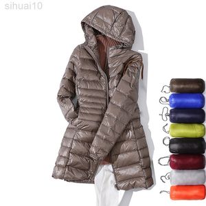 Longue veste des femmes hiver ultra lumière de la veste de la veste avec du manteau à capuche manteaux féminins l220730
