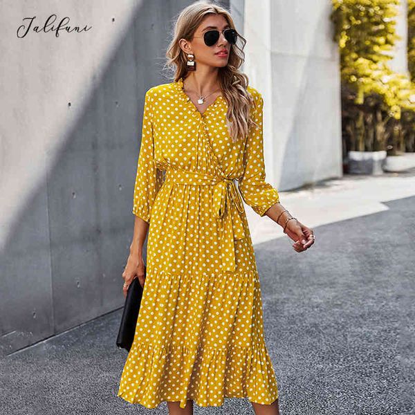 Vestido largo otoño primavera elegante señoras Polka Dot estampado fruncido volante fajas ajustado rojo vestidos otoño mujer ropa moda 210415