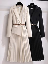 Robe longue avec ceinture en Patchwork, Blazer élégant, bureau, manches crantées, mi-longue, automne, 240313